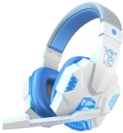 eBoutik - Gaming Headphones with Microphone & Noise-Cancelling For Dad, 3.5mm Wired Jack for Universal use Gaming, Streaming, Vlogging Father's Day etc (White & Light Blue)
