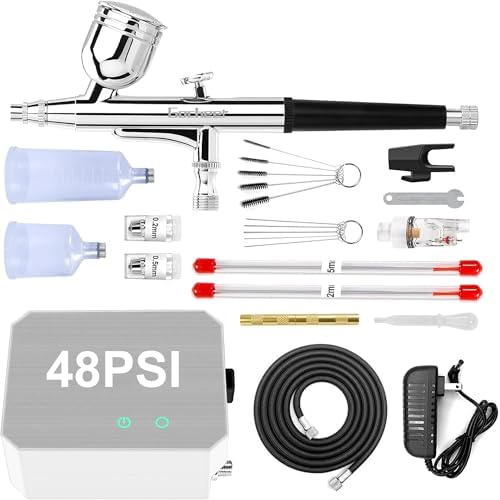 Omeyo Airbrush Kit with Air Compressor, 40 PSI High Pressure Air Brush Non-Clogging with 0.2/0.3/0.5mm Nozzle/Cleaning Sets, Ideal for Painting, Modeling, Cake Decor,Makeup, Nail Art (White, 48 PSI)