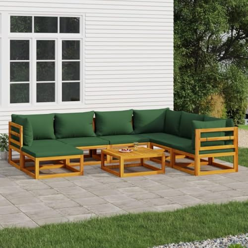 Ziaphsol 8-TLG. Garten-Lounge-Set, Massivholz Akazie mit Grünen Kissen, Modulares Outdoor Möbelset, Robustes Terrassen-Sofa mit Tisch für Garten, Balkon