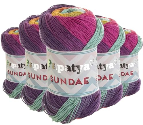 Papatya Sundae Strickgarn 5x100g – Selbstmusterndes Farbverlaufsgarn – Oeko-Tex Häkelgarn für Sommerkleidung & Accessoires