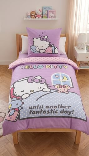 Hello Kitty Bettwäsche Lila 135x200+80x80 – 100% Baumwolle – Öko-Tex | Wendebettwäsche | Sanrio | 135x200+80x80 cm | Mädchen | Offiziell lizenziert | Geschenk | Einzelbett
