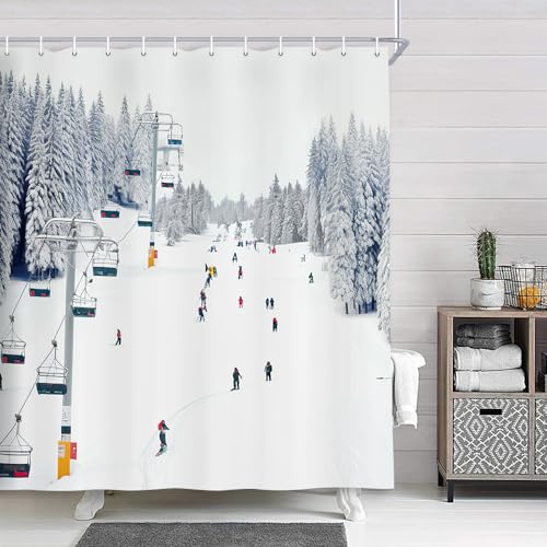 NYMB Sport Duschvorhang, Winter Urlaub Reisen Schnee Berg Skifahren Seilbahn, Polyestergewebe Schnee Bad Vorhang Weihnachten Badezimmer Duschvorhang Set mit Haken, 175 x 178 cm