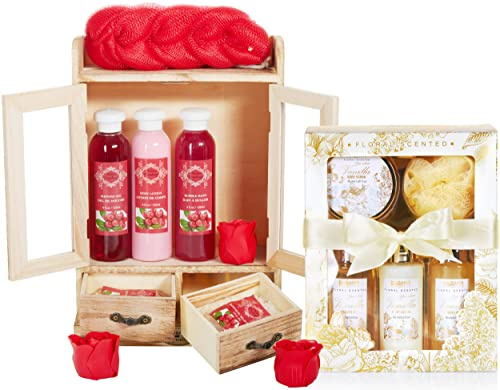 BRUBAKER Cosmetics 2 in 1 Pflegeset Cranberry & Vanilla Rose Minze - Großes 15-teiliges Wellness Set - Damen Dusch- und Badeset - Frauen Beauty Geschenkset mit Deko Holzschrank