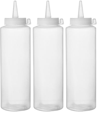 HENDI Flacon distributeur, set de 3 bouteilles à condiments et à sauces, réutilisable, recipient à presser, ketchup, moutarde, huiles, vinaigrettes, mousses, 0,35L, ø55x(H)205mm, transparent, PE, PP