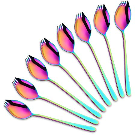 SBOMHS Titan Spork Metall Göffel Edelstahl 8 Stück buntes 3 in 1 Gabel Löffel Messer Kombi regenbogen wellenschliff göffel Länge 19CM
