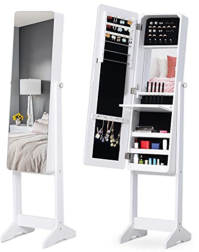 HOMCOM Armadio Portagioie Portagioielli con Specchio Regolabile e Illuminazione LED, Legno, Bianco, 30x146x36 cm