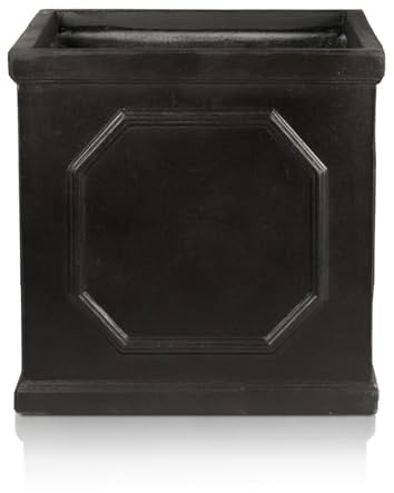 IDEALIST 37cm Chelsea Box Planter | Faux Lead Square Plant Pot | Dark Grey Reinforced Stone Garden Planter with Drainage Holes L37 W37 H38 cm, 39 litres