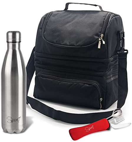SPICE Borsa Termica Caldo e Freddo Big Size Grande capacità 22 L con Tracolla Porta Pranzo + Bottiglia Termica Acciaio Inox 750 ml Doppia Parete + Set 3 Posate in Acciaio Inox