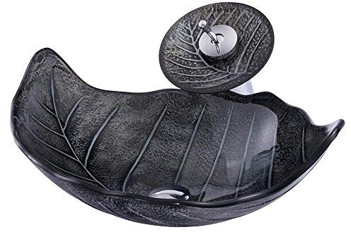 HomeLava Lavabo sobre encimera Forma de hoja de árbol Lavabo de vidrio templado Lavabo de baño Grifo de cascada Color negro
