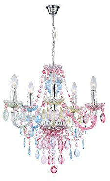 Mehrarmiger LED Kronleuchter mit fünf kerzenförmigen 4 Watt FILAMENT-LEDs und bunten Acrylkristallen