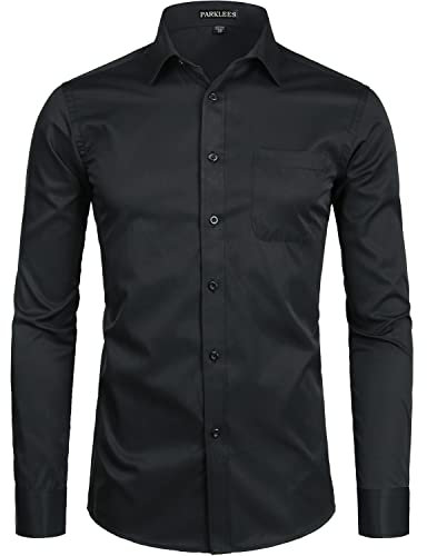 PARKLEES Men's Long Sleeve Dress Shirt Solid Slim Fit Casual Business Formal Button Up Shirts with Pocket Black M