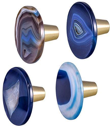 mookaitedecor Rond Agate Bleu Boutons de Portes Tiroirs Armoire Meuble,Poignée Placard Bouton Pierre Cristal pour Commode Cuisine,Lot de 4