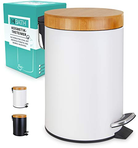 HIBATH® Kosmetikeimer aus Edelstahl mit Bambusdeckel (3 Liter, weiß) - Badezimmer Abfalleimer mit Absenkautomatik - Praktischer Mülleimer - WC-Treteimer