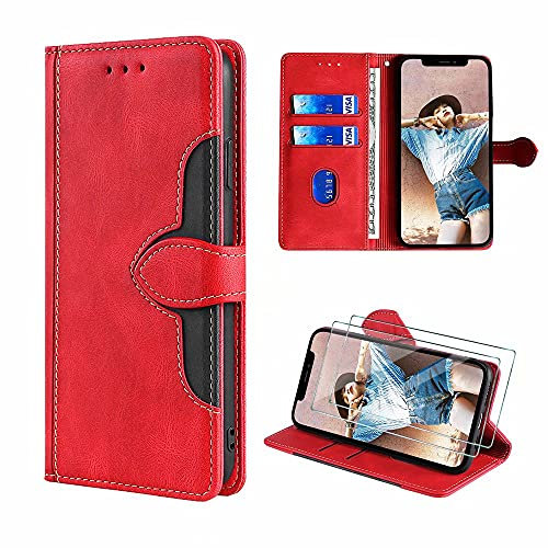 FMPCUON Hülle für Apple iPhone 6 Plus/iPhone 6S Plus,Apple iPhone 6 Plus/iPhone 6S Plus Schutzhülle/Klapphülle,Leder Flip Wallet Case Tasche Handytasche Cover [Panzerglas Schutzfolie *2] Rot