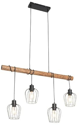Qazqa Esstisch Landhaus Pendelleuchte, Pendellampe - Stronk - Schwarz, Holz, 4-flammig, 80cm, Ideal als Esszimmerlampe und