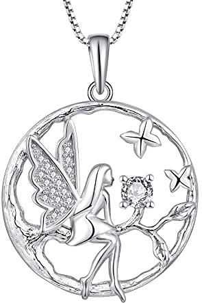 FJ Schutzengel Halskette Anhänger 925 Sterling Silber Engel Kette Damen Fee Schmetterling Baum des Lebens Halskette Weiß Zirkonia April Geburtsstein Kette Schmuck Geschenke für Frauen Mädchen