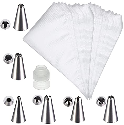 Spritzbeutel Einweg, 100 Pcs Einwegspritzbeutel mit 1 Pcs Adapter Tüllen und 6 Pcs Spritztüllen, Groß Royal Icing Piping Bags Torten Zubehör zum Backen und Dekorieren, 30 * 20cm