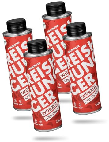 REISHUNGER BIO Würzöl Chili Knoblauch, 1l (4x250ml) – Vegan, glutenfrei & ohne Zusatzstoffe – Öl zum Würzen von feurigen Wok Gerichten, Pasta oder pur zum Dippen