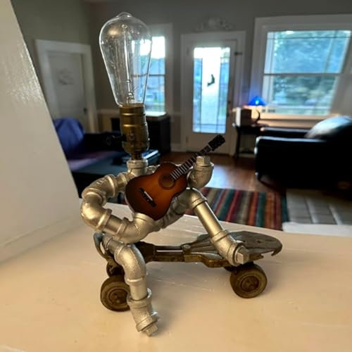 Steampunk Guitar Player Table Lamp, Cool Guitar Gifts for Men, Vintage Industrial Pipe Robot Edison Lamps, Unique Music Gifts for Music Lovers, Rustic Bedside Lamp