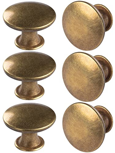 HUGOLEM 6 Pack Brass Round Antique Brass Kitchen Cabinet Knobs Cupboard Door Knobs Drawer Handle Pulls Dresser Knobs with 7 Pcs Screws for Bathroom Drawer Door Hardware