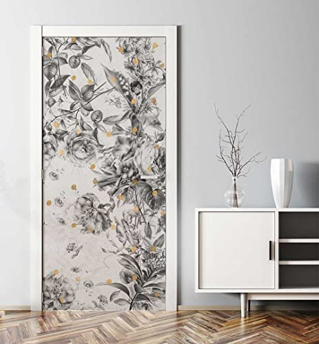MyMaxxi - Tür bekleben mit Türtapete Türposter Türfolie Selbstklebend 90x200 Toile Blumen - Tür verschönern Türaufkleber Türklebefolie Blumen Zeichnung schwarz weiß