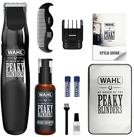 Wahl and Peaky Blinders Beard Trimmer Gift Set, Battery Powered Trimmer, Men’s Stubble Trimmers, Facial Hair Trimming, Beard Shampoo, Beard Care, Men’s Grooming