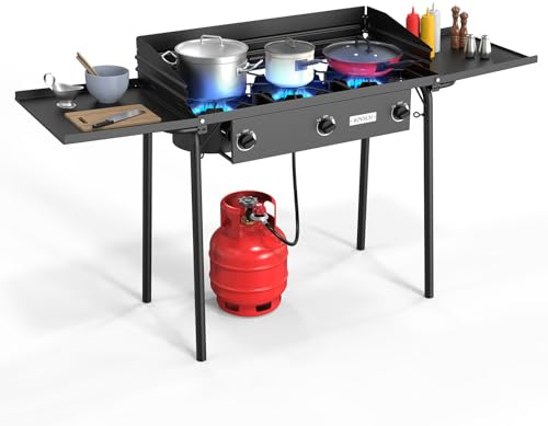 ROVSUN Estufa de gas de 3 quemadores con estantes laterales, estufa de propano portátil de 225,000 BTU con pata extraíble, panel de viento, regulador y bolsa de transporte para camping, hogar, patio,