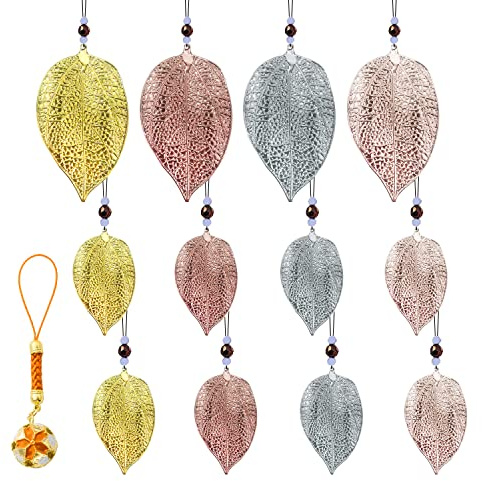 PFLYPF 12 Stück Baum Blätter Anhänger mit 1 Anhänger kleine Glocke, Zubehör für Home Decor, Metallanhänger, hängende Blätter, erhältlich für Fenster, Gold,Silber, 52,7 * 4,4 cm, 60.0 grams