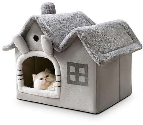 ALLSOPETS Katzenhaus Hundehöhle Hundehütte Indoor Faltbares Hundehaus mit Dach & Abnehmbarem Kissen, Warmes Waschbares Katzennest für Katzen Welpen Kleine Hunde (Graue Katze, L)