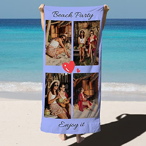 CUDIYST Serviette de Plage Photo Personnalisée Serviette de Plage en Microfibre avec Photo, Texte, Doux et Confortable - Convient pour la Gym, la Natation, Le Camping, Le Surf (4 Photos)