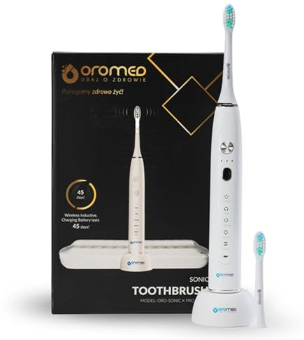 OROMED ORO-SONIC X PRO WHITE Schallzahnbürste, 38.000 Bewegungen/Min.,(5 Programme × 3 Intensitäten), Akku bis 40 Tage, Timer, USB-Induktionsladung, Weiß