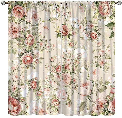 Lovely Rose Dekorative Vorhänge, Rot und Weiß Vintage Rose Blumenmuster Zartes Muster für Wohnzimmer Schlafzimmer und Esszimmer, 2 Paneele, 132 x 213 cm