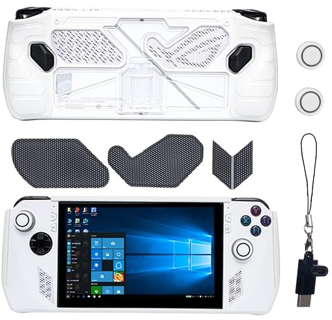 Protective Case for ASUS ROG Ally, TPU Case for ASUS ROG Ally with Kickstand, Included 2 Tempered Glass Screen Protector, Dustproof Nets, Joystick Protectors and 3.1 Adapter - White