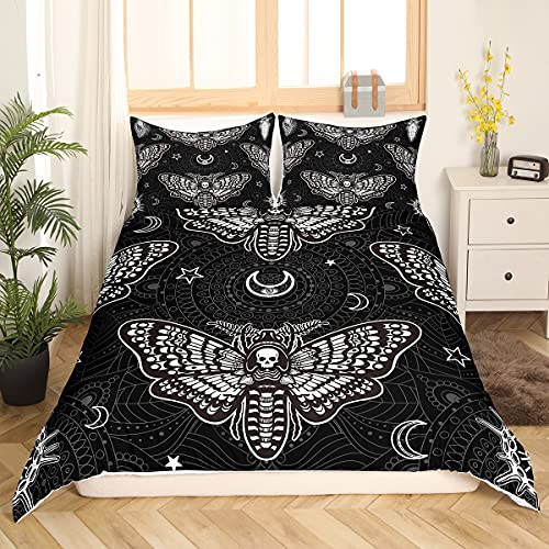 Gothic Bettwäsche Set 135x200 Schädel Moth Bettbezug Teens Skelett Knochen Boho Tröster Abdeckung Erwachsene Bohemian Mandala Bett Set für Halloween Schlafzimmer Dekor (1 Bettbezug+1 Kissenbezug)