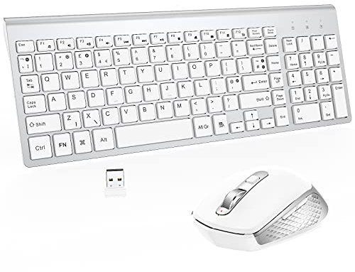 GALENMORO Wireless Keyboard and Mouse Set, QWERTY UK USB Compact Ful Size Ergomomic Slim Silent Quiet low profile portable with number pad & Mice combos for Computer PC Laptop Surface Mac White Silver