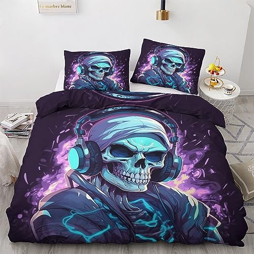 Winter Bettwäsche 155x220 Totenkopf - Musik Skelett Bettbezug 155x220 3 teilig, Wendebettwäsche und Kissenbezug 80x80, Weiche & Angenehme & Warme Mikrofaser Bettwäsche-sets mit Reißverschluss