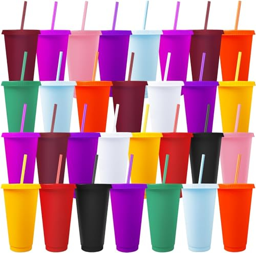 30 Pack Tumbler with Straw and Lid Bulk, 24 oz Plastic Reusable Cups, Iced Coffee Travel Mug Cup, Water Bottle for Smoothie Party Birthday (Solid Color)