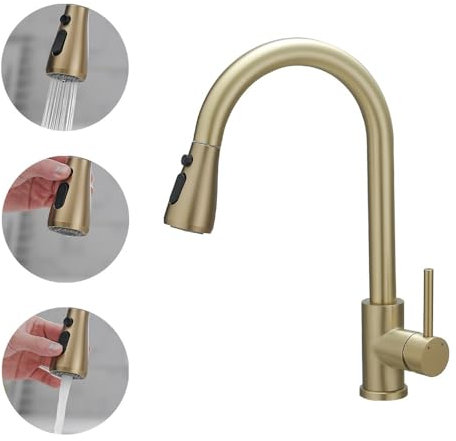 Haiba Kitchen Sink Mixer Tap with Pull Down Sprayer, Single Handle High Arc Pull Out Kitchen Taps, Kitchen Faucet with UK Standard Fittings, Brushed Gold