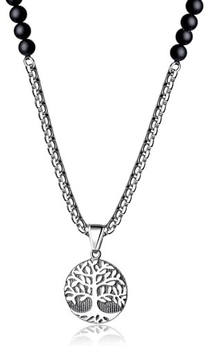 COAI Collana di Perle di Onice Opaco da Uomo con Ciondolo Albero della Vita 50cm