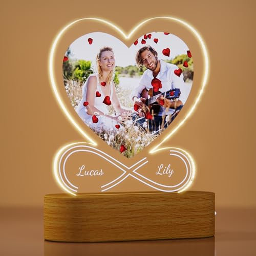 Rainsar Lampe Personnalisée avec Photo, Cadre Photo en forme de coeur, Amour Eternel 3D Cadeau Acrylique Unique Idéal pour Parents, Amis, Anniversaire, Fête des Pères et Mères, Noël, Saint Valentin