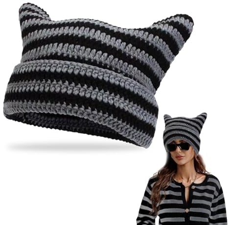 EUPSIIU Damen Mütze Katzenohren Mütze, Winter Strickmütze, Vintage Beanie Striped Cat Ear Hat Unisex, Katze Ohr Mütze, Winter Warme Elastisches Winterhüte, Einheitsgröße (Schwarz-Grau)