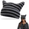EUPSIIU Damen Mütze Katzenohren Mütze, Winter Strickmütze, Vintage Beanie Striped Cat Ear Hat Unisex, Katze Ohr Mütze, Winter Warme Elastisches Winterhüte, Einheitsgröße (Schwarz-Grau)