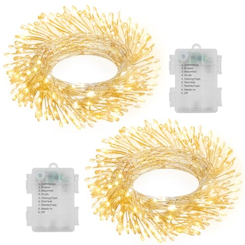 2 Pack Cluster Fairy Lights Battery Operated, Total 20Ft 400 LED Christmas String Lights with Timer 8 Modes Silver Wire Firecracker Fairy Lights for Garlands Tree Wedding Decoration (Warm White)