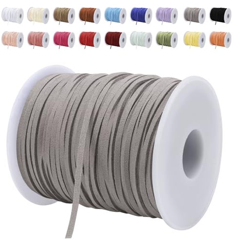 LEREATI Cordon Cuir 3mm x 45m Corde en Plat Daim Faux Cordon pour Bracelet, Suédine Cordon pour Colliers, Bijoux, Artisanat, Bricolage (Gris Argenté)