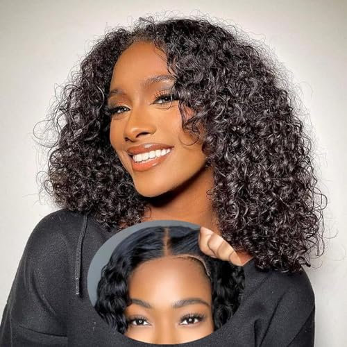 Perruque Cheveux Humain Sans Colle Glueless Wig Human Hair 4x4 Pre Cut Lace Wig Perruque Bresilienne Pre Plucked Hairline Bouclée Sans Colle Pour Femme 180% Density Couleur Naturelle 16 pouces (40cm)