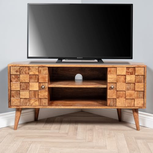 Elm home and garden Vintage Corner TV Unit 2 Cabinets - Solid Mango Wood - No Veneer 57cm High, 115cm Wide, 40cm Deep