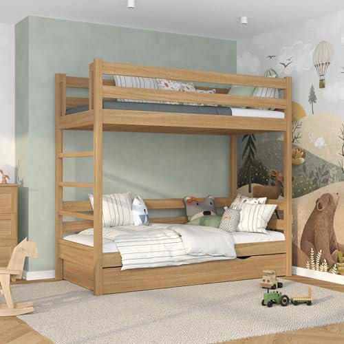 N-wood N03 Etagenbett mit Schublade, Hochbett 80x180 cm, aus Eichenholz, 2 Leitermontageseiten: Links oder rechts, abgerundete Kanten, Stabile Massivholzkonstruktion, inklusive Lattenrost, Natureiche