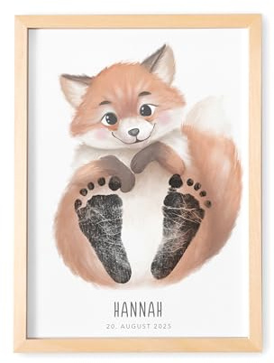 DEL MÀ Unique & Personal Fußabdruck Baby Tierbild personalisiertes Fuchs Bild für Babyzimmer Deko Kinderzimmer Neugeborenen Geschenk zur Geburt (OHNE FARBE | DIN A3)