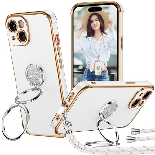 Aekyiwot für iPhone 15 Hülle mit Band, Handyhülle iPhone 15 Herz Doppelring Ständer 360°, Galvanisierte Weich TPU Case Dünn Silikon Stoßfeste Schutzhülle für iPhone 15 Hülle 6.1 - Weiß