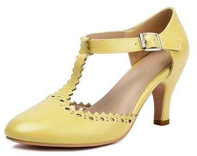 elerhythm Damen Mary Jane Wingtip Close Runde Zehe Vintage 1920er Jahre Gatsby Heels Retro 1950er viktorianische Pumps Schuhe (Yellow EU38)